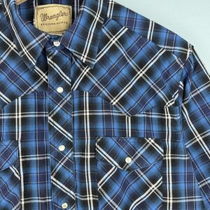 Wrangler Western Shirt Mens Large Blue Plaid Short Sleeve Pearl Snap Button Down